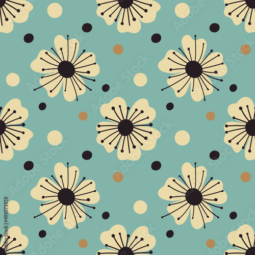 Cute floral seamless pattern. Polka dot. Hand drawn sketch