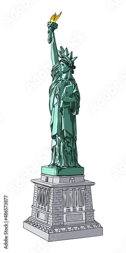 New York famous Statue of liberty sketch. Hand drawing style  line hatching stroke. Symbol of freedom and United States Declaration of Independence. Vector.