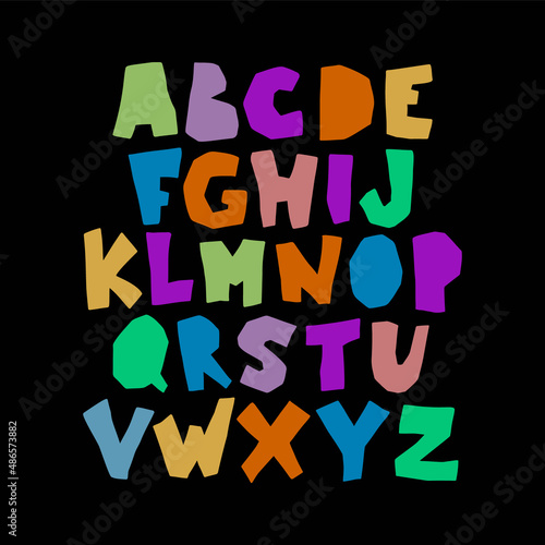 Paper cut colorful alphabet. Modern simple hand drawn font in retro colors. Cute kids poster. Capital bold letters in childish graphic style. Vector illustration