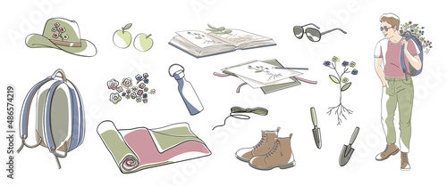 Man with backpack and set elements about collecting herbarium, book, plants, press, paper, digger. Line art vector illustration with colour shapes