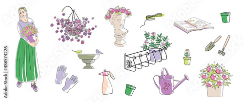 woman with flowers in pot and set elements about balcony gardening , gloves, gardening tools, watering can, pots, flowers. Linear vector illustration with colour shapes.