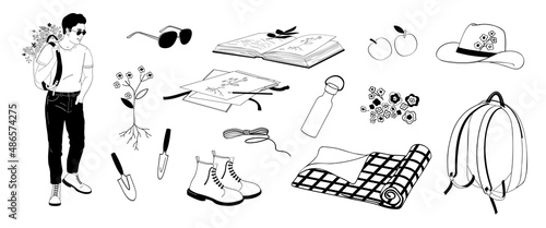 Man with backpack collecting herbarium, set elements book, plants, press, paper, digger. Black outline on white background.