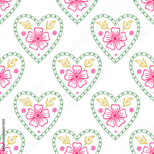 Heart and flowers. Seamless pattern with doodle elements. 