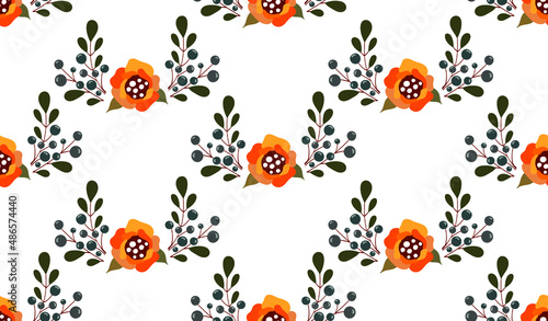 Seamless pattern with orange roses, blueberries and leaves. Cute floral bouqets.