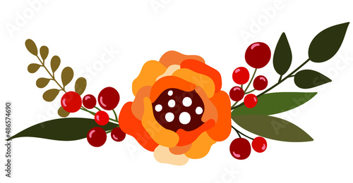 Composition of orange flower and berries with leaves. Autumn bouquet for your design.