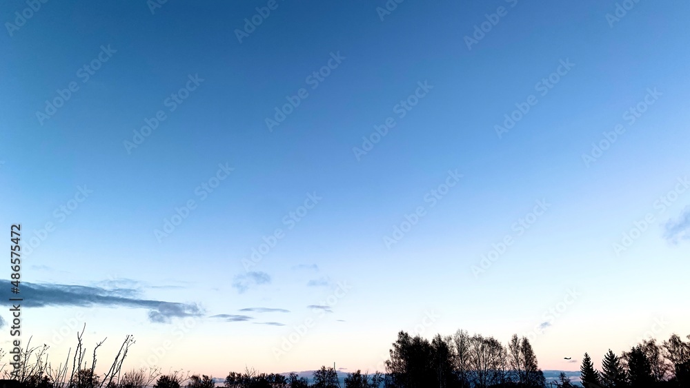 Early sunset in cold weather, winter blue sky with lifeless trees and dry branches Early sunset in cold weather, winter blue sky with lifeless trees and dry branches