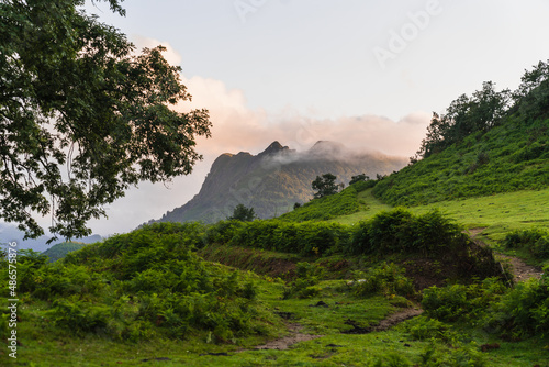 green landscape with mountains and trees under a cloudy sky in the basque country, spain.