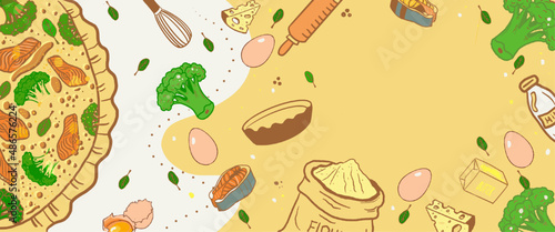 
French quiche with broccoli and salmon, ingredients and utensils. Quiche Lorraine vector hand drawn illustration, flat and cartoon style, banner.
