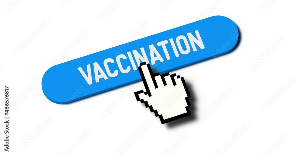 Pixel Hand cursor choosing Vaccination text button on isolated white background. 3D render digital finger points and swipes icon out of frame. Loop-able real time video. Online health by click. Pixel Hand cursor choosing Vaccination text button on isolated white background. 3D render digital finger points and swipes icon out of frame. Loop-able real time video. Online health by click.