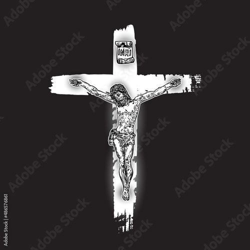 Jesus Christ crucifixion on hand painted ink brush cross on black background. Flash body tattoo. Symbol of Christianity prayer and religion. Concept spiritual and sacred holy. Vector.