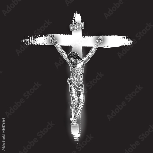 Jesus Christ crucifixion on hand painted ink brush cross on black background. Flash body tattoo. Symbol of Christianity prayer and religion. Concept spiritual and sacred holy. Vector.