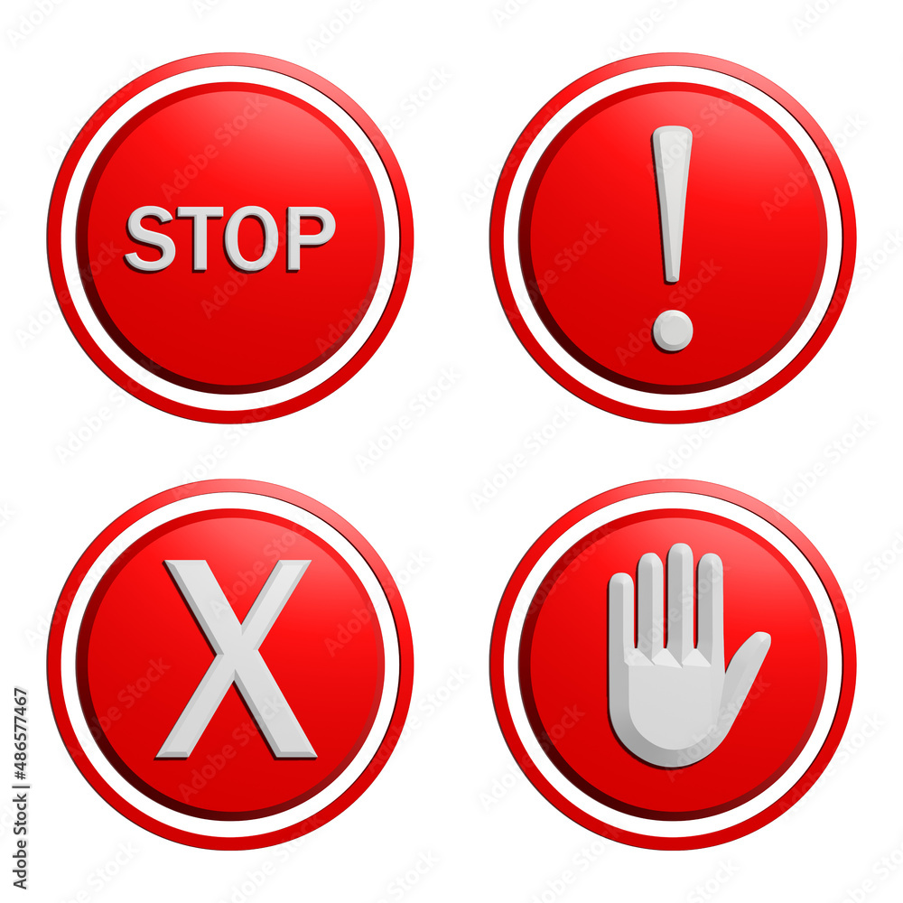 Circle Round Warning Stop Signs Set Vector Red Color Button Circle Round Warning Stop Signs Set Vector Red Color Button