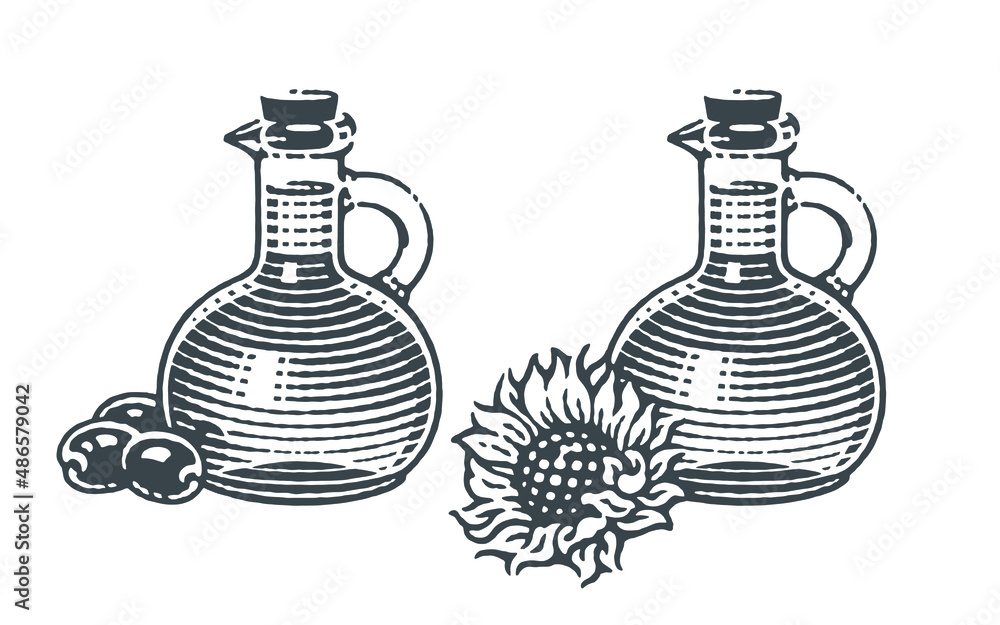 Olive oil jar, sunflower oil bottle with olives and sunflower. Hand drawn engraving style illustrations. Vector illustration. Olive oil jar, sunflower oil bottle with olives and sunflower. Hand drawn engraving style illustrations. Vector illustration.