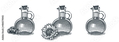 Olive oil jar, sunflower oil bottle with olives and sunflower and oil bottle. Hand drawn engraving style illustrations. Vector illustration.
