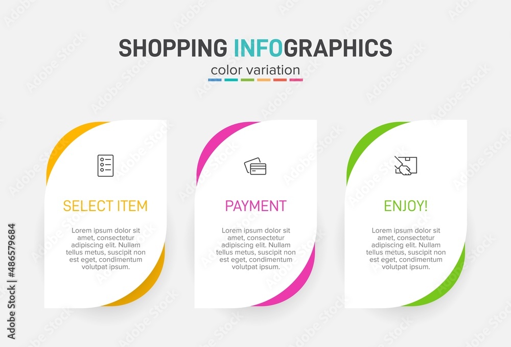 Concept of shopping process with 3 successive steps. Three colorful graphic elements. Timeline design for brochure, presentation, web site. Infographic design layout. Concept of shopping process with 3 successive steps. Three colorful graphic elements. Timeline design for brochure, presentation, web site. Infographic design layout.