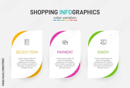 Concept of shopping process with 3 successive steps. Three colorful graphic elements. Timeline design for brochure, presentation, web site. Infographic design layout. © shendart