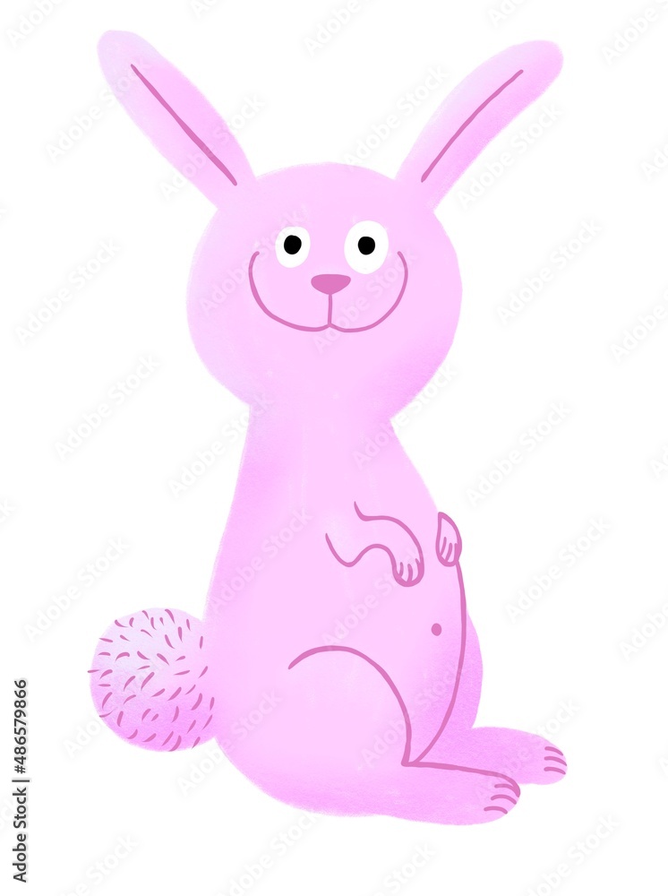 Obraz premium Cute cartoon Easter bunny. Adorable pink smiling rabbit. Hand drawn illustration for kids. Isolated on a white background.
