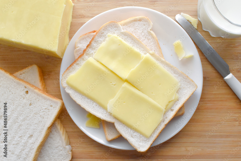 Cheese sandwich on a white plate.  Cheese on bread.  Flat lay top view food photography.  Food from above concept. 