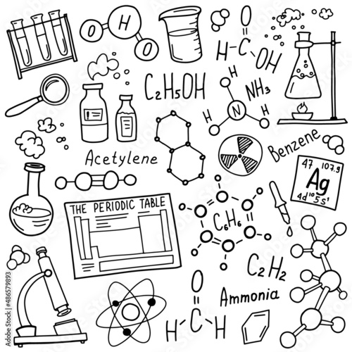 Chemistry symbols icon set. Science subject doodle design. Education and study concept. Back to school sketchy background for notebook, not pad, sketchbook. Hand drawn illustration.