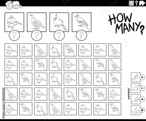 how many cartoon birds counting game coloring book page