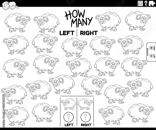 count left and right pictures of cartoon sheep coloring book page