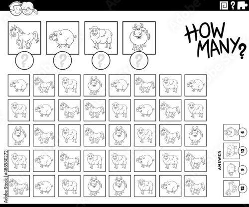 how many cartoon farm animals counting game coloring book page