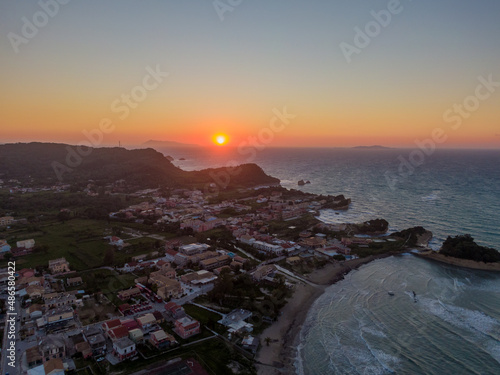 Aerial drone view of sidari and perouldes with sunset corfu greece