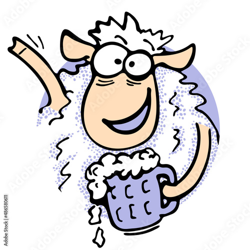 Cute crazy lamb with a smile and a cheerful mood waving his hand in greeting and holding a mug of beer