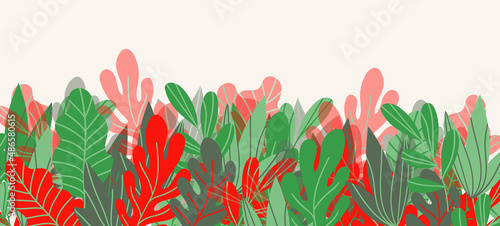 Floral web banner with drawn color exotic leaves. Nature concept design. Modern floral compositions with summer branches. Vector illustration on the theme of ecology, natura, environment