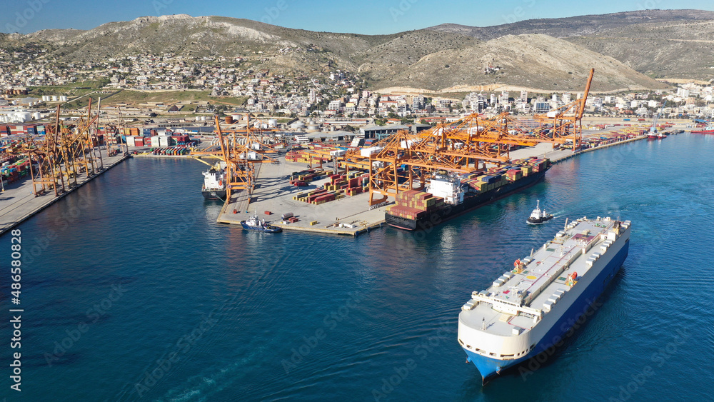 Aerial drone photo of industrial container logistics unloading import and export container terminal of Perama - Piraeus
