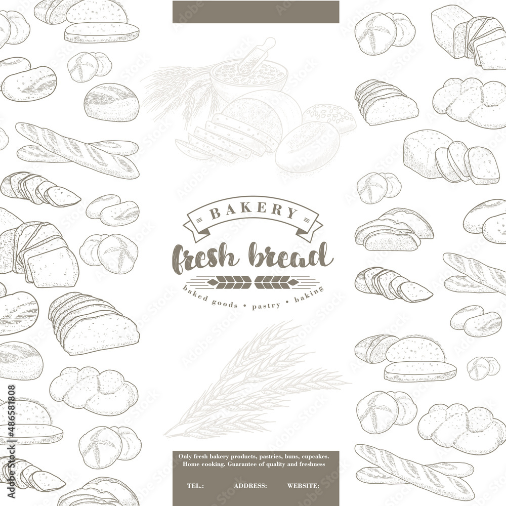 Vintage booklet, leaflet or banner for bakery design. Bread in the engraving style and the bakery logo.