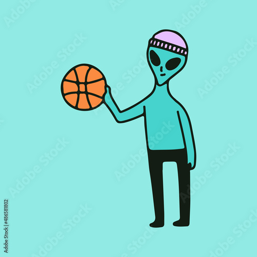 Hype alien character with basketball, illustration for t-shirt, sticker, or apparel merchandise. With retro cartoon style.