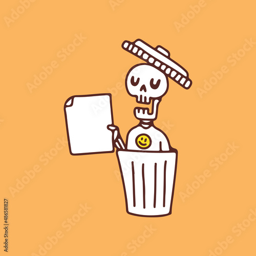 Skull on trash can holding empty paper, illustration for t-shirt, sticker, or apparel merchandise. With retro cartoon style.