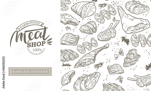 A set of raw meat. Beef, pork, lamb. Vector illustration in the style of a sketch. A booklet, banner, or flyer of a butcher shop or store.