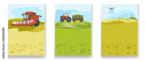 A set of agricultural leaflets, flyers, brochures with a combine harvester harvesting wheat, a tractor in the field, an ecological farm.