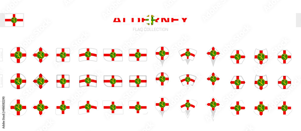 Large collection of Alderney flags of various shapes and effects. Stock