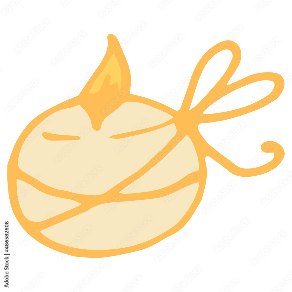A burning wax candle of a round shape in yellow color. Vector isolated element of a small wax candle, hand-drawn in the style of a light yellow doodle with orange fire with a bow on white for a design