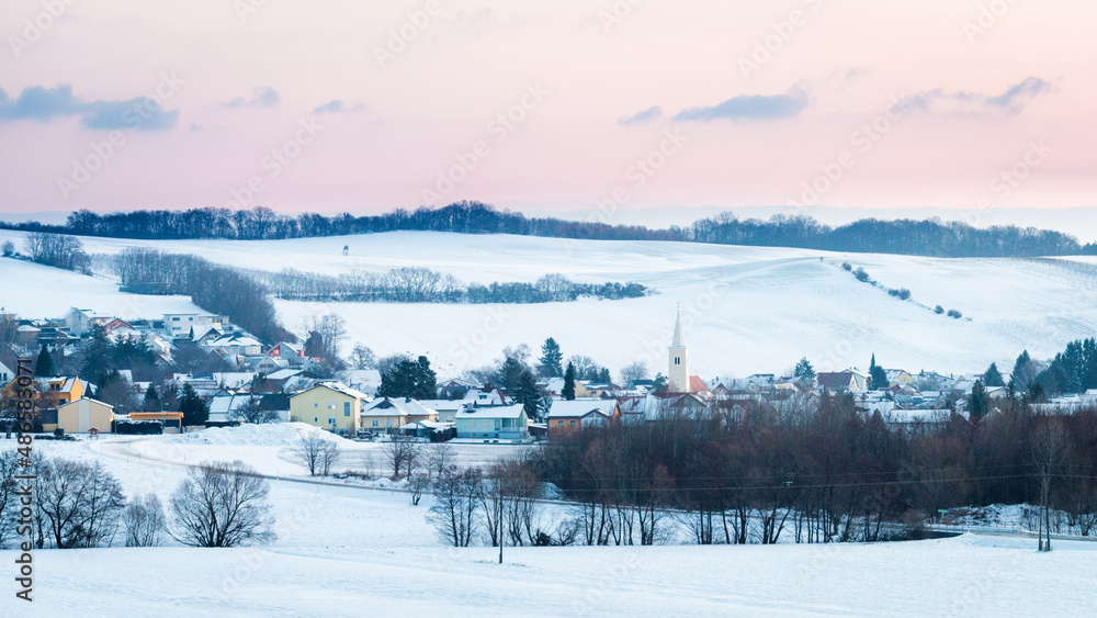 Village in snowy landscape in Burgenland