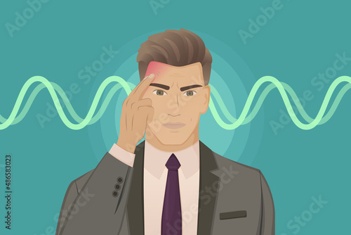 Man with migraine and red spot headache location holding his head vector illustration. Havana syndrome and negative effect of spreading microwaves.