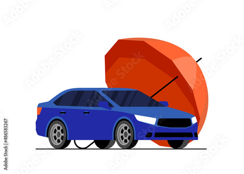 Red umbrella protects blue automobile. Car insurance policy symbol concept. Transport protection and security advertising banner design. Auto vehicle guard service vector eps illustration