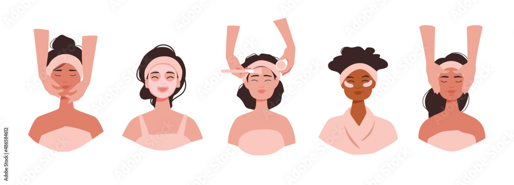 Fototapeta Cute girls take care of face skin at spa and at home. Multi ethnic women apply cosmetic cream and do face massage and treatment. Flat vector illustration set isolated on white background.
