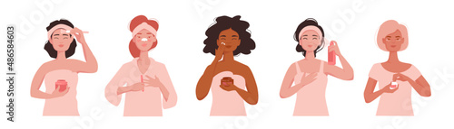 Pretty girls use cosmetic products  for facial treatment. Multi ethnic women apply cosmetic cream, mask and lotion for skincare routine.  Flat vector illustration set isolated on white background. 