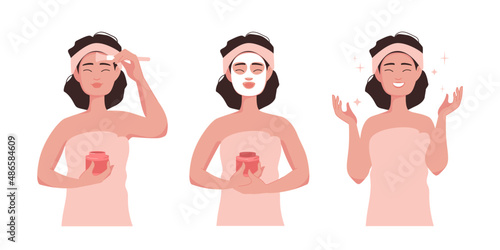 Cute girl skincare routine. Steps to apply facial mask and get glowing beautiful skin. Moisturizing for cosmetic treatment. Vector illustration isolated on white background. 