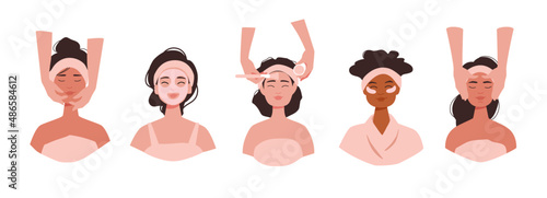 Cute girls take care of face skin at spa and at home. Multi ethnic women apply cosmetic cream and do face massage and treatment. Flat vector illustration set isolated on white background. 