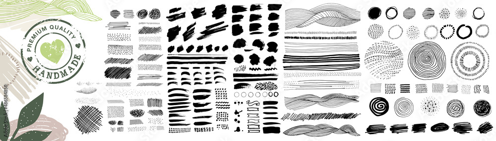 Set of hand drawn graphic elements, brush strokes, textures and patterns for organic and natural products. Vector illustration concepts for graphic and web design, packaging design, marketing material - obrazy, fototapety, plakaty 