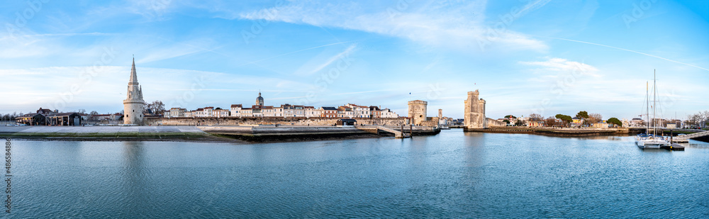 Panoramic view of thecold harbor of La Rochelle with the three famous towers : la Lanterne, Saint Nicolas, and la Chaine