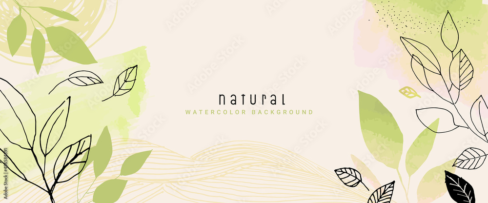 Natural watercolor vector background for graphic and web design, business presentation, marketing. Hand drawn illustration for natural and organic products, beauty and fashion, cosmetics and wellness. - obrazy, fototapety, plakaty 