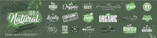 Organic food, farm fresh and natural product signs collection for food market, ecommerce, restaurant, healthy life. Vector illustration concepts for web design, packaging design, marketing.