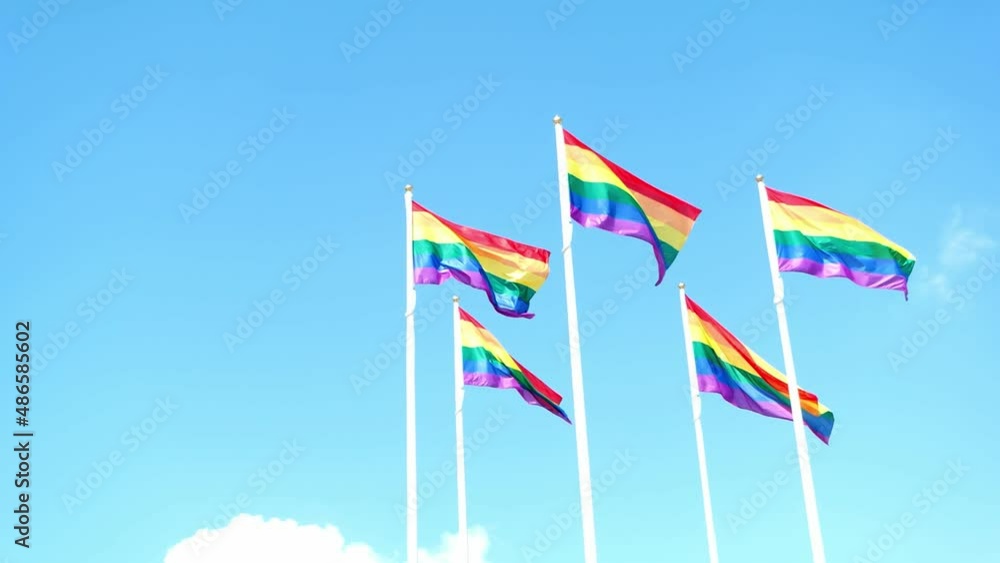 Rainbow flag waving in the wind against blue sky with clouds, sunny day, copy space Rainbow flag waving in the wind against blue sky with clouds, sunny day, copy space