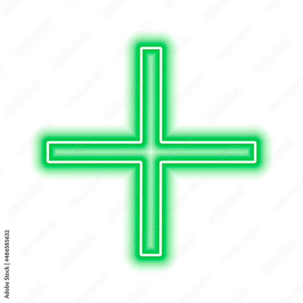 Obraz premium Green neon cross isolated on white. One object. Plus sign
